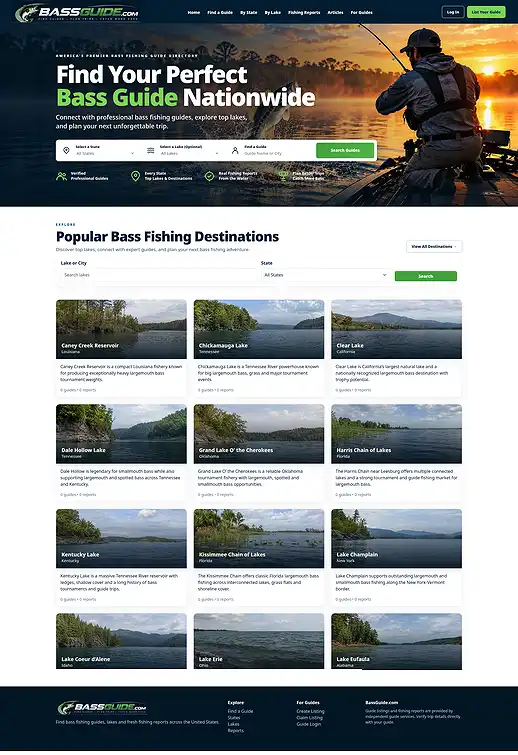 Web Design Lexington SC Portfolio - BassGuide Web design Lexington SC portfolio screenshot for BassGuide national bass fishing guide directory