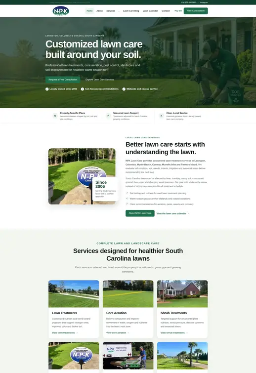Web Design Portfolio - NPK Lawn Care Web design portfolio screenshot for NPK Lawn Care serving Lexington and Coastal South Carolina